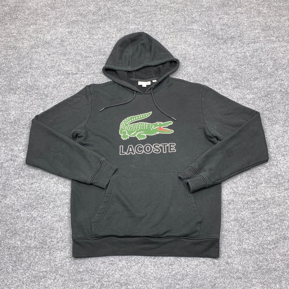 Lacoste Hoodie Men Medium Black Big Logo Graphic Fleece Pullover Kangaroo Pocket